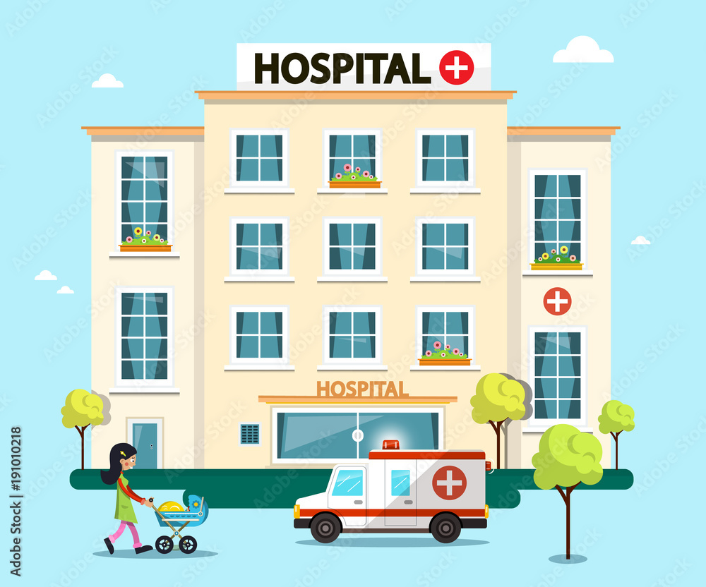 Hospital Flat Design Vector Illustration with Ambulance Car and Woman with Baby  Carrige