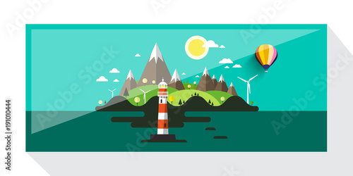 Abstract Vector Picture of Island with Hills and Lighthouse. Flat Design Landscape.