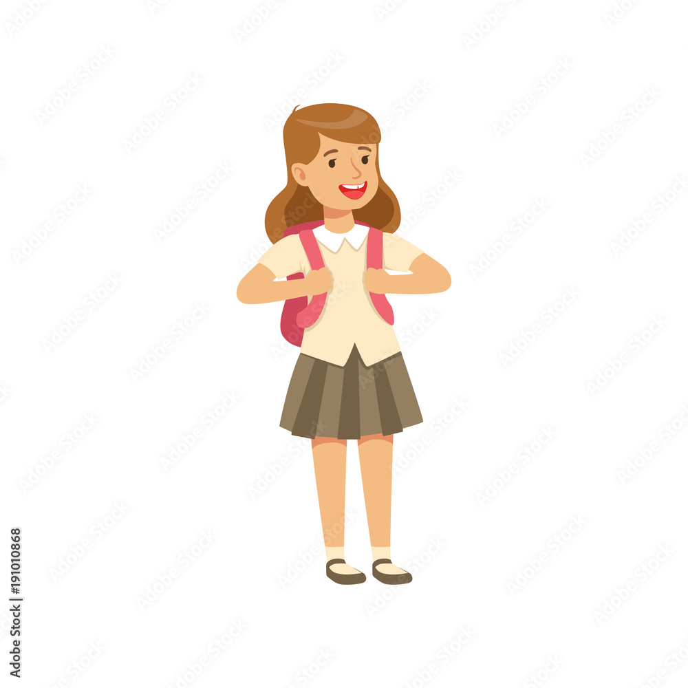 Smiling girl character in school uniform standing with backpack vector Illustration Smiling girl character in school uniform standing with backpack vector Illustration