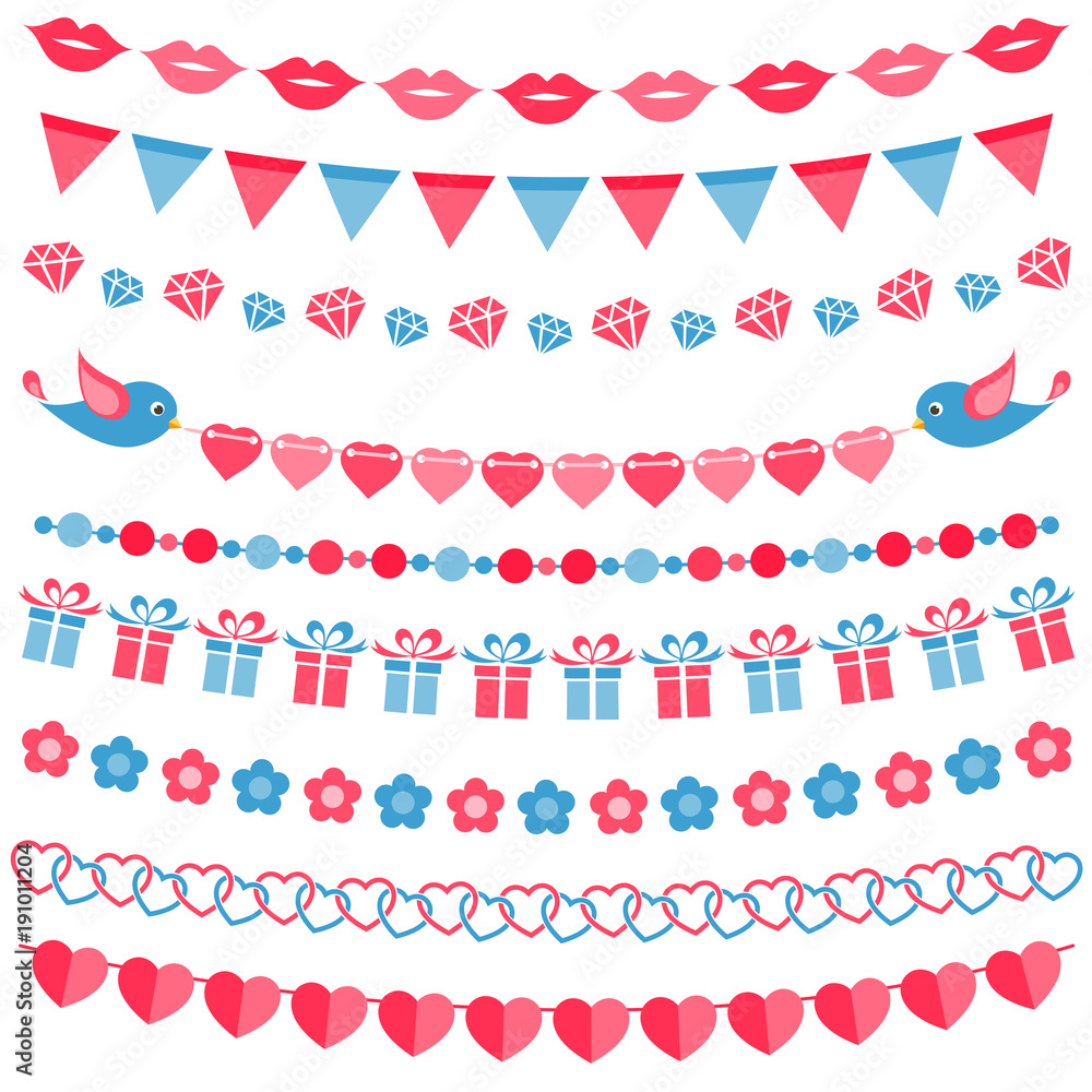 red and blue garland set isolated on white red and blue garland set isolated on white