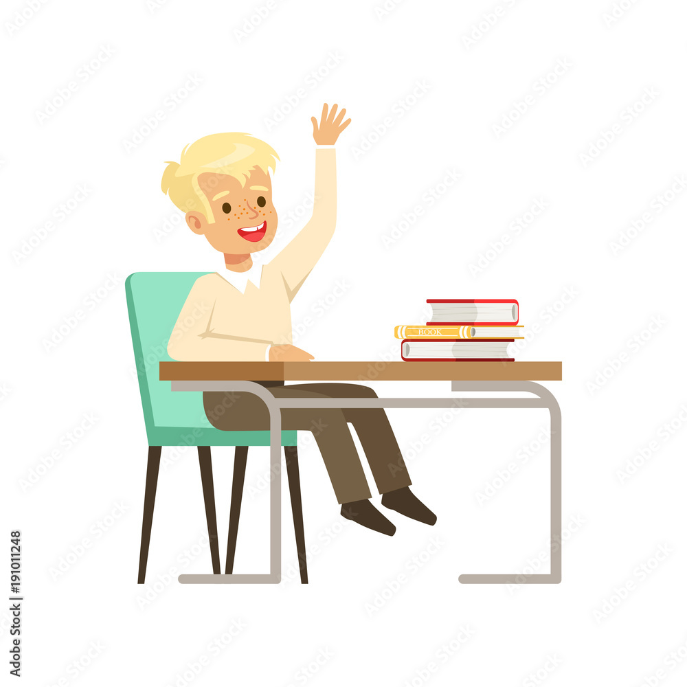 Smiling boy character in school uniform sitting at the desk with textbooks and raising his hand vector Illustration Smiling boy character in school uniform sitting at the desk with textbooks and raising his hand vector Illustration