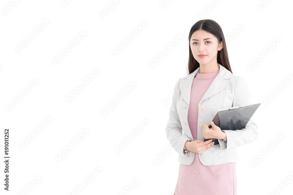 Portrait of a Attractive young asian confident businesswoman wearing a suit with happy face isolated on white background. Portrait of a Attractive young asian confident businesswoman wearing a suit with happy face isolated on white background.
