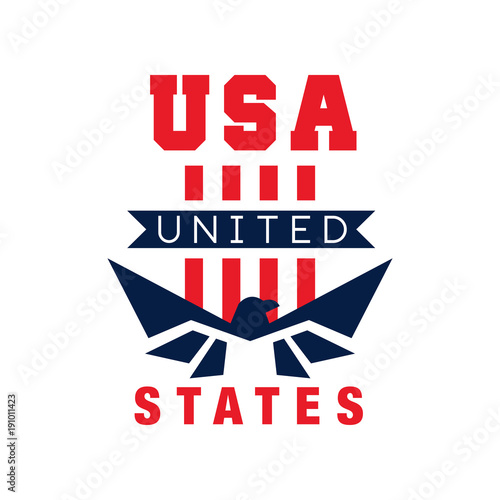 American logo template with eagle silhouette. USA. Independence day. National icon in red and blue colors. Original flat vector design for print, sticker or poster