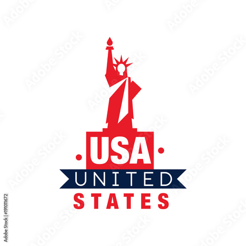 Monochrome emblem with Statue of Liberty silhouette. United States of America. National symbol in red-blue color. Flat vector design for logo, card or poster