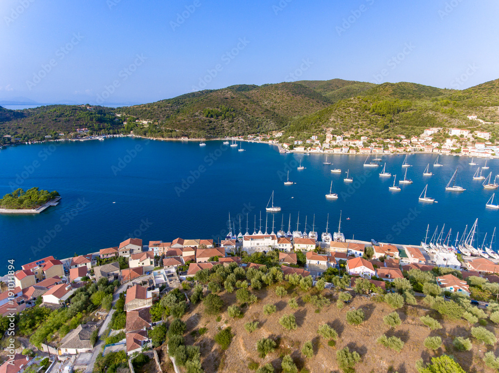 Aerial panorama of Vathy Ithaca Island in Greece