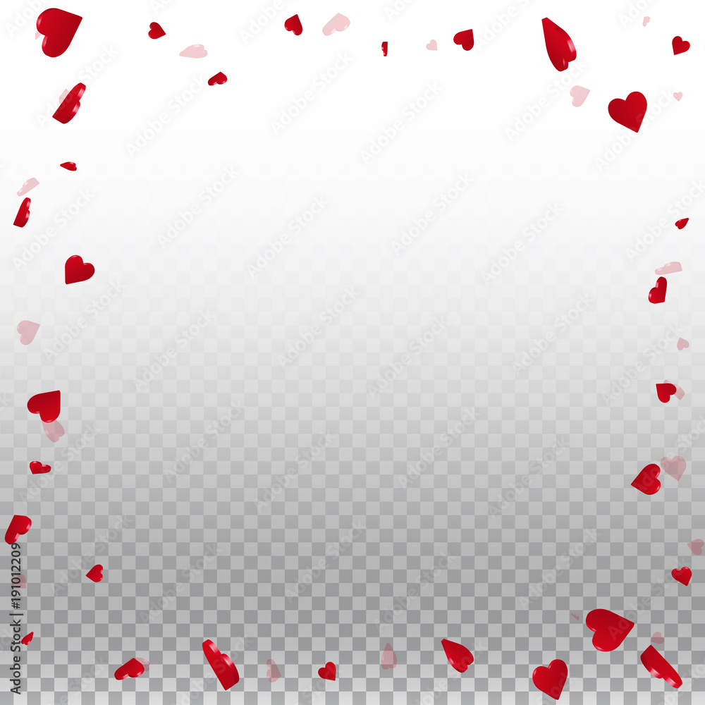 3d hearts valentine background. Chaotic border on transparent grid light background. 3d hearts valentines day exquisite design. Vector illustration.