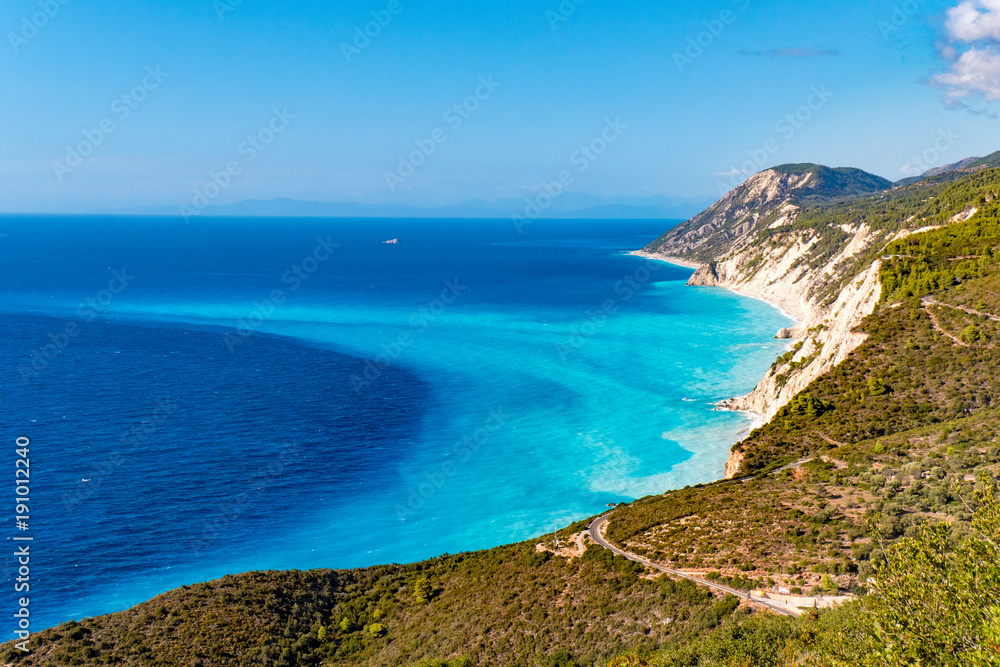 Lefkada Island cliffs and bay Porto Katsiki as seen from above aerial view with clear blue watter Lefkada Island cliffs and bay Porto Katsiki as seen from above aerial view with clear blue watter