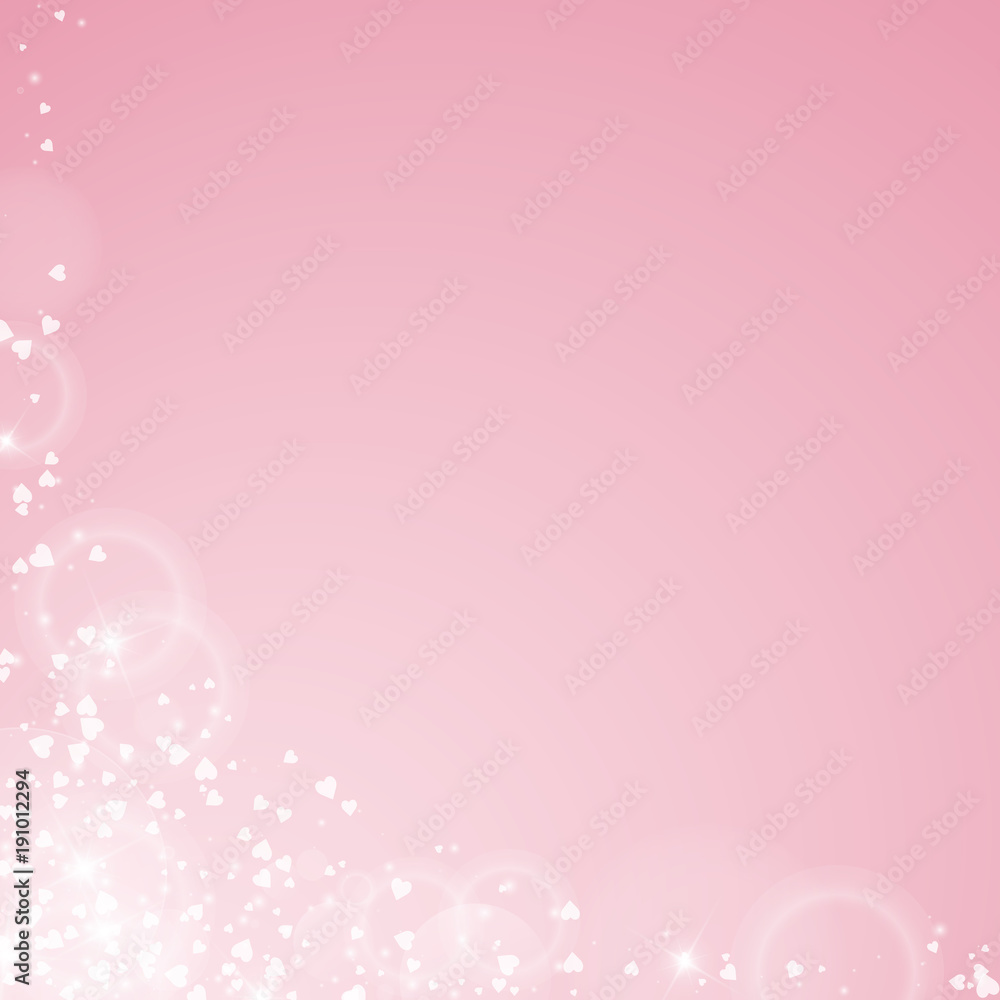 Falling hearts valentine background. Abstract left bottom corner on pink background. Falling hearts valentines day cool design. Vector illustration.