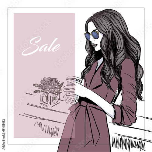 woman with coffee sale banner
