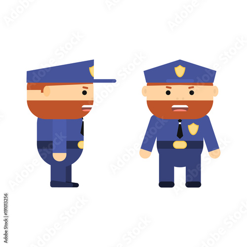 Police officer in cartoon style. Vector flat policeman. Character for game. Patrolman in uniform. Ginger hair