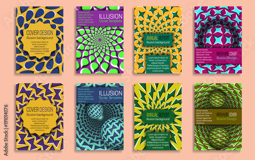 Colorful covers templates with optical illusion design elements. Booklet, brochure, annual report, poster dynamic design.