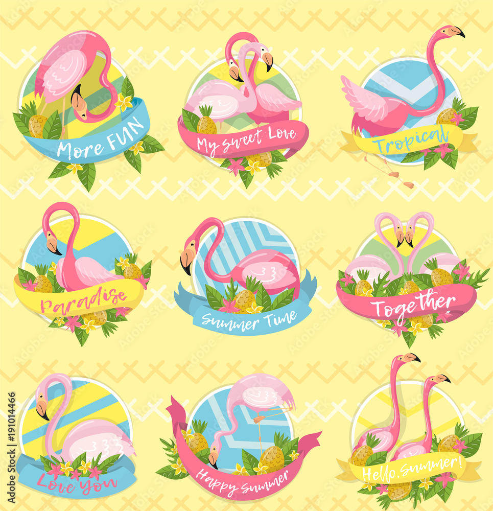 Collection of labels with phrases about summer, design element with palm leaves, exotic flowers, pineapples and flamingo vector Illustrations