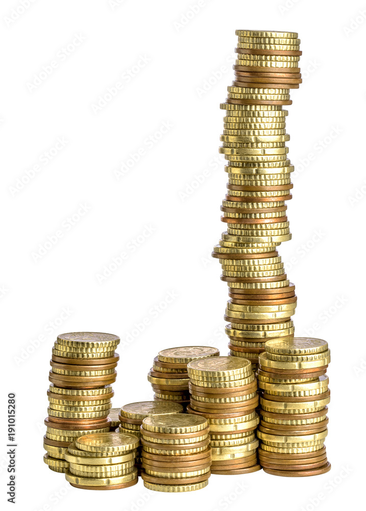 tall stacks of euro coins money isolated white background tall stacks of euro coins money isolated white background