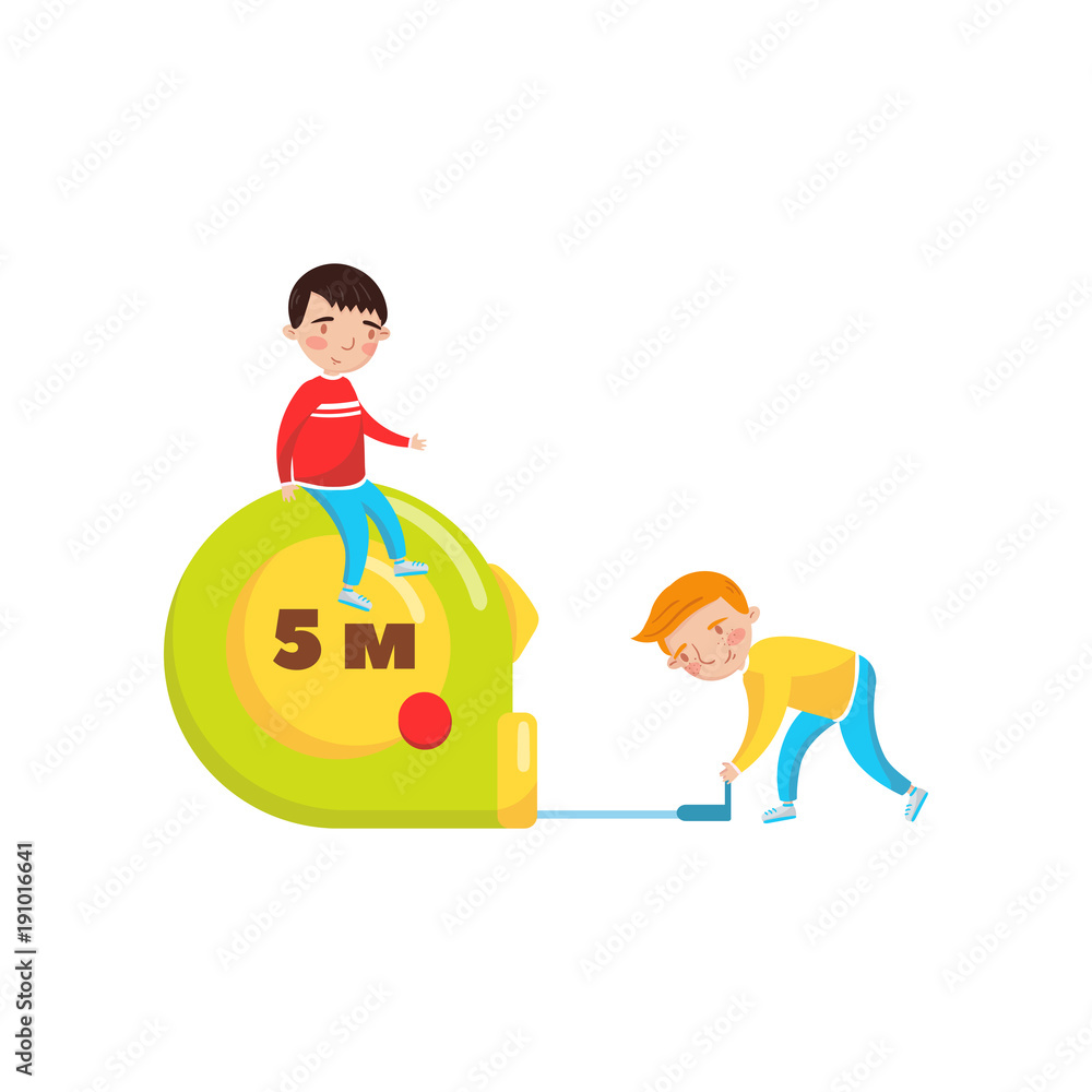 Cute boys using giant measuring tape, preschool activities and early  childhood education cartoon vector Illustration Stock Vector