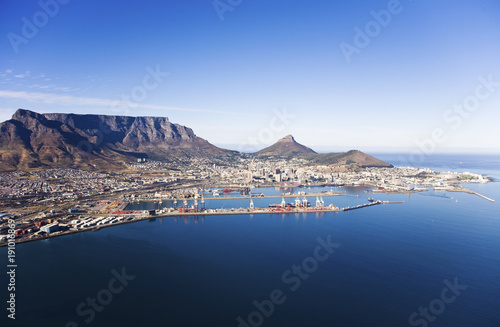 Aerial view of Cape Town Harbour, V&A Waterfront, Table Mountain, Lion's Head and Signal Hill, South Africa