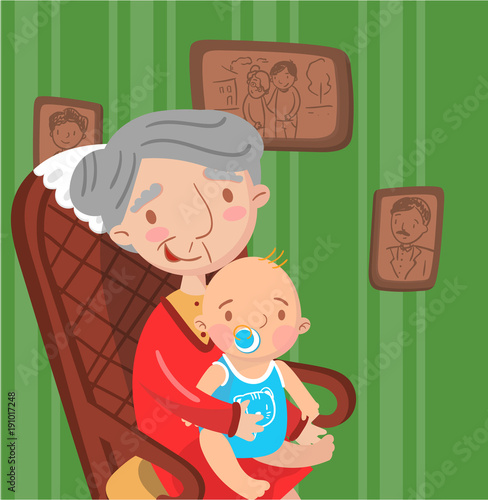 Grandmother with her grandson, photo on the background of retro room interior, best moments on pictures, portrait of family members vector Illustration