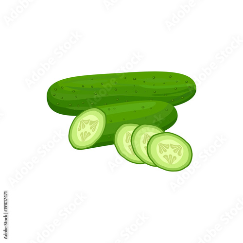 cucumber whole and slices isolated on white background. Vector illustration. Healthy food design. ingredients for cooking.