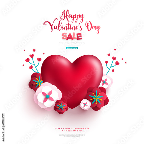 Red heart with paper cut flowers and branches