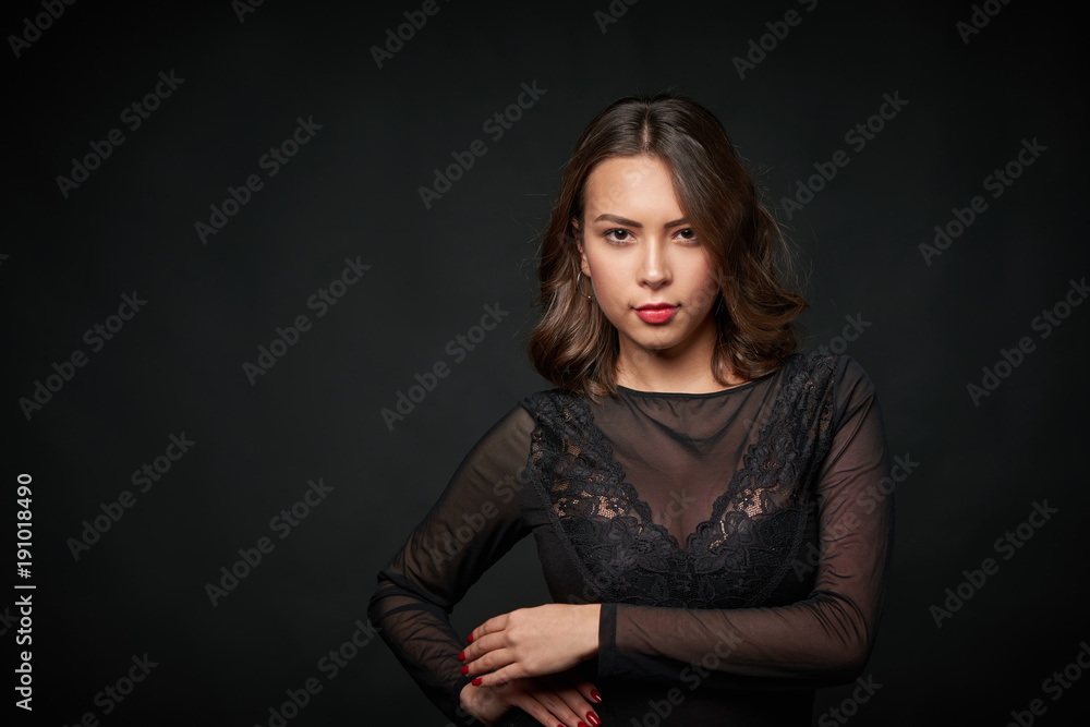 Portrait of sensual beautiful woman in black lace clothing Portrait of sensual beautiful woman in black lace clothing