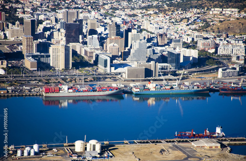 Aerial view of Cape Town foreshore, city centre and Bo-Kaap with harbour and docks and container ships. South Africa