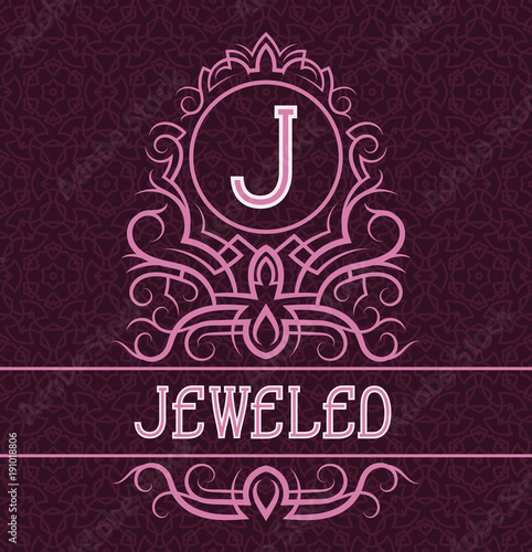 Vintage label design template for jeweled product. Vector monogram with text on patterned background.