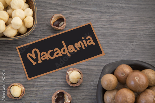 Organic macadamia nut on wooden table