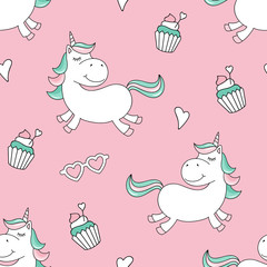 Fototapete Einhornmuster Magisches Einhorn mit Cupcakes Muster  © teneresa