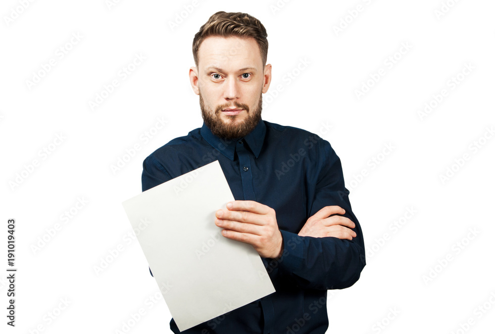 Portrait of handsome adult man isolated on white background. Caucasian man holds piece of paper and crossing arms Portrait of handsome adult man isolated on white background. Caucasian man holds piece of paper and crossing arms