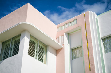Close-up abstract detail of typical colorful 1930s Art Deco architecture in Miami, Florida