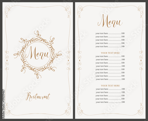 Vector menu for restaurant with handwritten inscriptions, curlicues and price list in curly frame in retro style