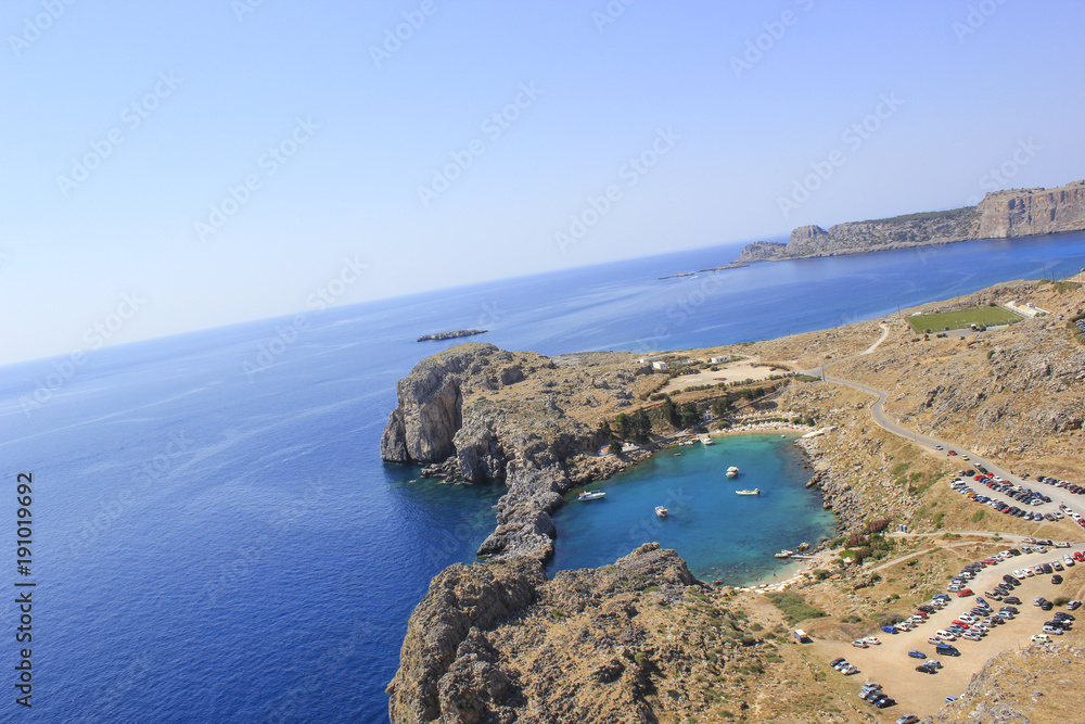 Shore of the Mediterranean Sea. Lettered horizon effect. Greece, Rhodes