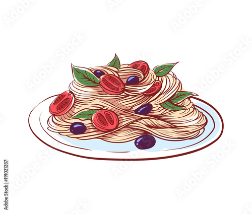 Pasta with tomato and olive icon isolated on white background. Italian cuisine dishes label, restaurant menu design element vector illustration.