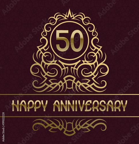 Happy anniversary greeting card template for fifty years celebration. Vintage design with golden elements.