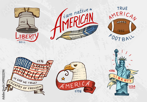 native american set. old, labels or badges for camping, hiking, hunting. statue and bell of freedom or Liberty, flag, eagle and ball with red skinned indian. engraved hand drawn in old sketch.