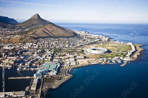 Aerial view of Cape Town with V&A Waterfront, Cape Town Stadium, Lion's Head, Signal Hill and Greenpoint, South Africa photo