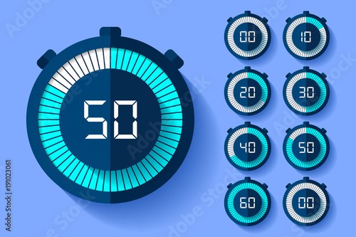 Stopwatch icons set in flat style, timers on color background. Sport clock. Vector design element for you business project