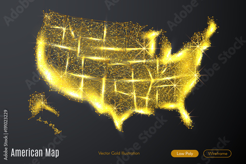 Low poly illustration of the american map with a golden dust effect. Sparkle stardust. Glittering vector with gold particles on dark background. Polygonal wireframe from dots and lines.