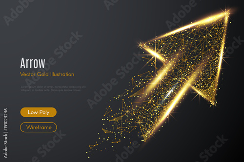 Low poly illustration of the arrow up with a golden dust effect. Sparkle stardust. Glittering vector with gold particles on dark background. Polygonal wireframe from dots and lines. Business concept