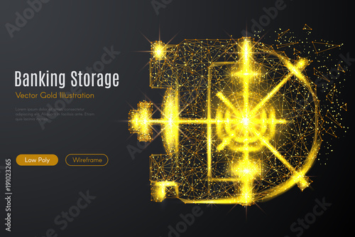 Low poly illustration of the bank vault door with a golden dust effect. Sparkle stardust. Glittering vector with gold particles on dark background. Polygonal wireframe finance concept