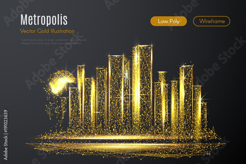 Low poly illustration of the metropolis with a golden dust effect. Sparkle stardust. Glittering vector with gold particles on dark background. Polygonal wireframe of city from dots and lines.