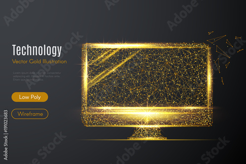 Low poly illustration of the Monitor of computer with a golden dust effect. Sparkle stardust. Glittering vector with gold particles on dark background. Polygonal wireframe from dots and lines.