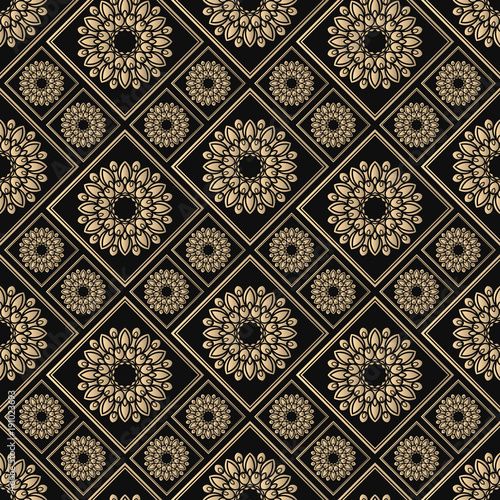 Seamless pattern oriental ornament. Black and golden textile print. Islamic vector design. Floral tiles.