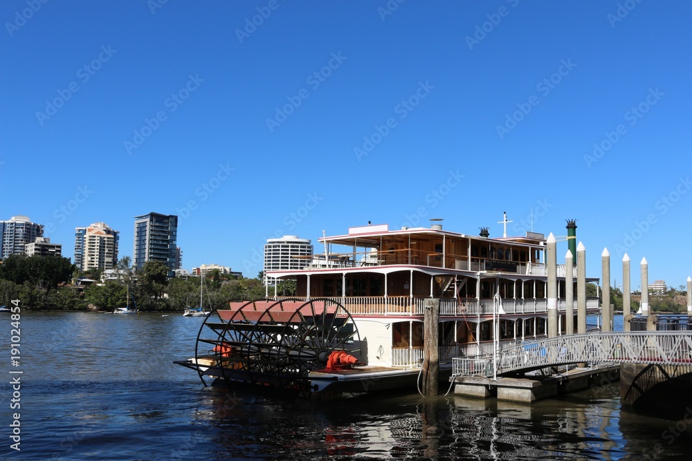 Paddle wheel boat cruises Brisbane river in Australia