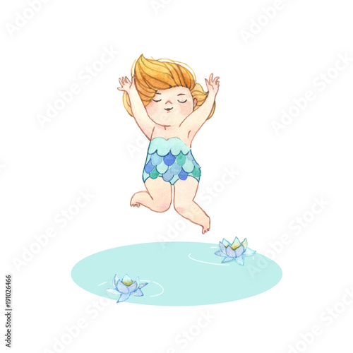 Girl jumping into water. Hand-painted watercolor illustration