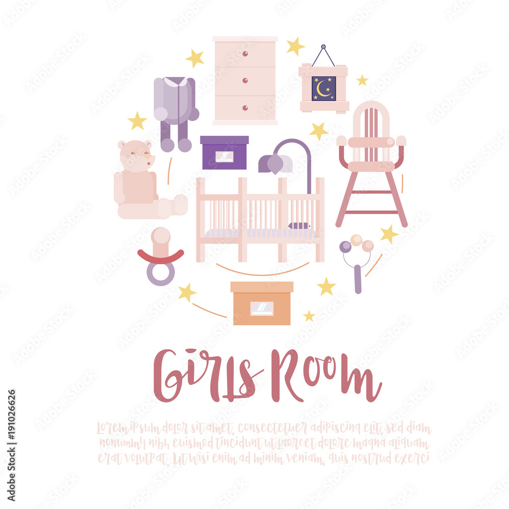 flat baby girl room circle concept vector illustration with romper suit and high chair flat baby girl room circle concept vector illustration with romper suit and high chair