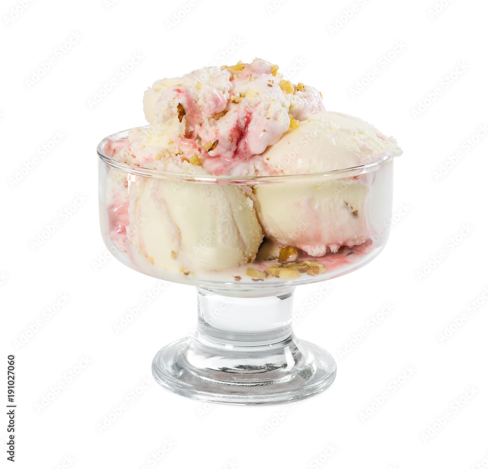 Strawberry-vanilla ice cream with nuts in glass vase Strawberry-vanilla ice cream with nuts in glass vase