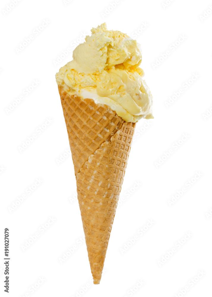 Vanilla ice cream in waffle cone Vanilla ice cream in waffle cone