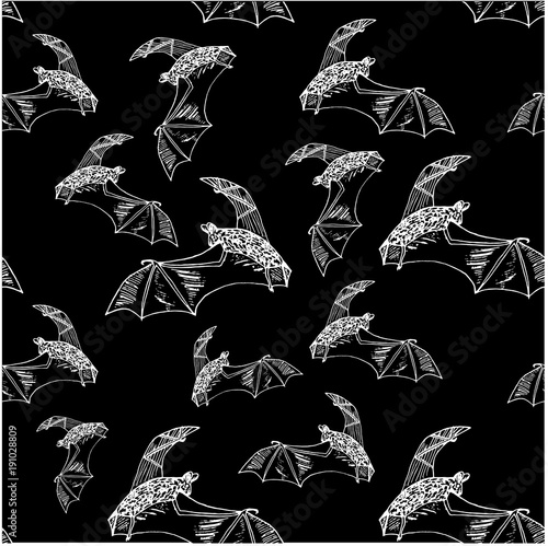 Seamless monochrome hand drawn flying bats pattern stock vector illustration for print, for web, for wallpaper