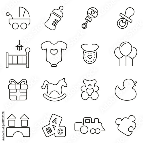 Baby Shower & Baby Presents Icons Thin Line Vector Illustration Set