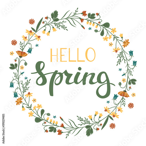 Hello Spring Greeting Card. Flower Wreath and Lettering.